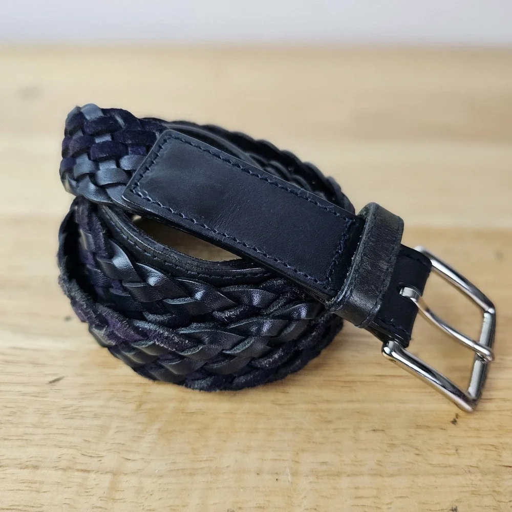 Brooks‎ Brothers 40 Black Purple Woven Leather Belt Silver Buckle Men's Classic